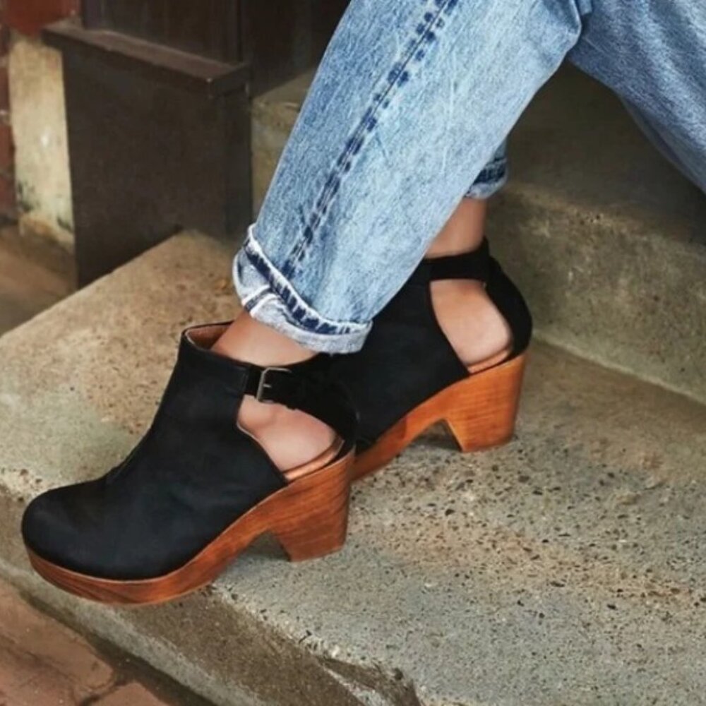 Free People Amber Orchard Clog Black Leather & Suede Wood Clogs 36 / 6